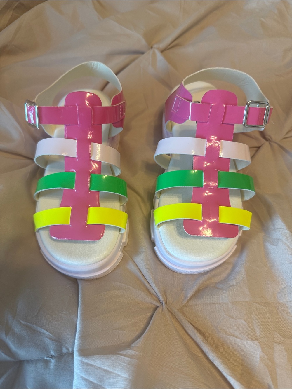 Kids Neon Pink Strappy Sandals with White, Green & Yellow Accents